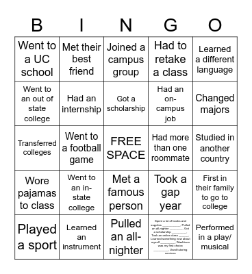 College Bingo Card