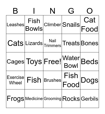 Pet Store Bingo Card