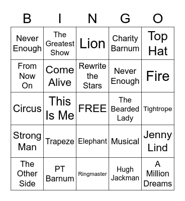 Greatest Showman Bingo Card