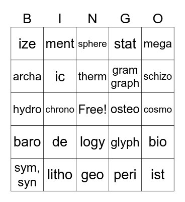 Vocab 1-4 Bingo Card