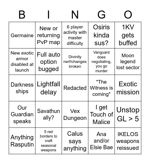 Season 19 Bingo Card