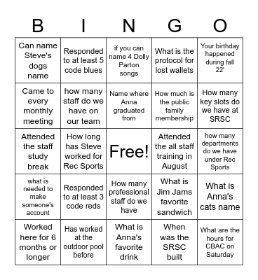 Rec Sports Bingo Card