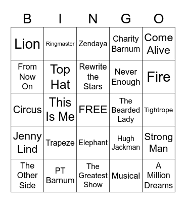Greatest Showman Bingo Card