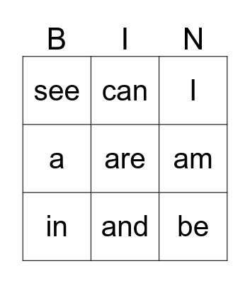 Sight Words Bingo Card