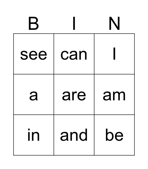 Sight Words Bingo Card