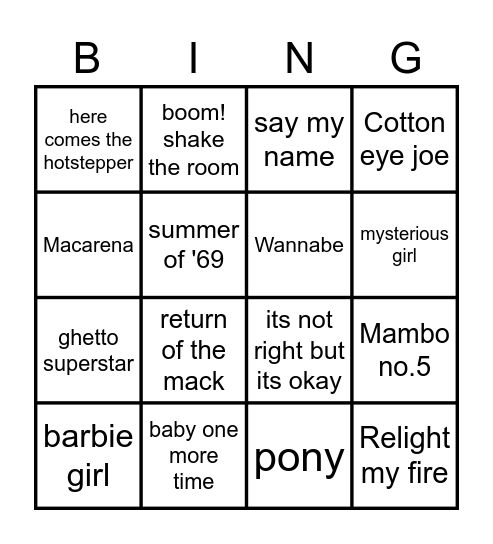 music bingo Card