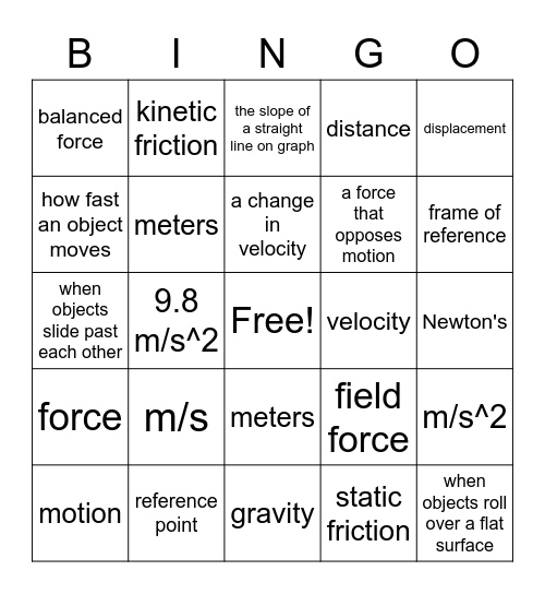 Motion Vocabulary & Units Bingo Card