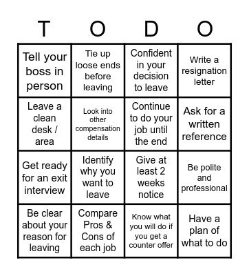 Leaving a Job - Should Do Bingo Card