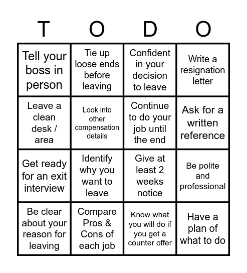 Leaving a Job - Should Do Bingo Card
