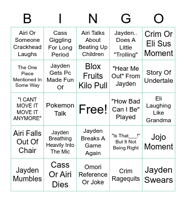 VC Shananigins Bingo Card