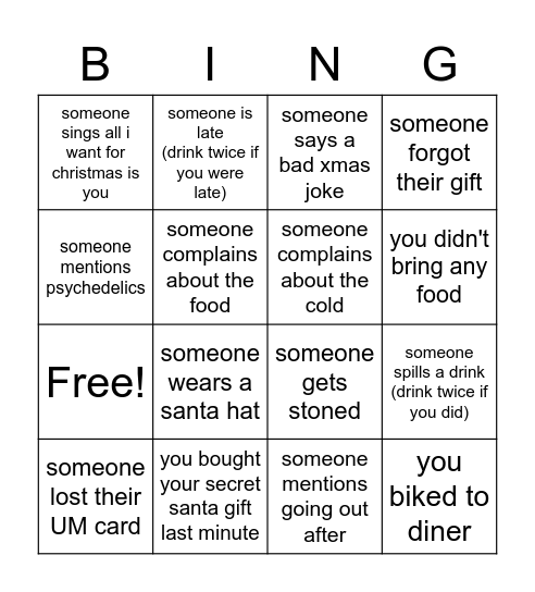 Christmas bingo: take a sip of your drink everytime you check off a box Bingo Card
