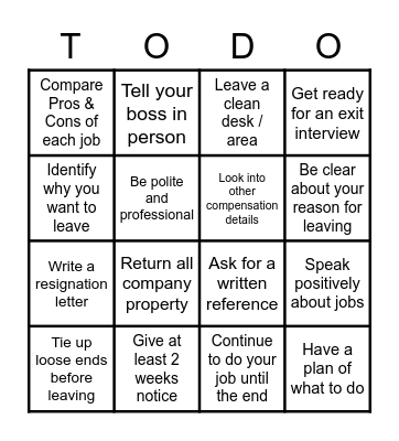 Leaving a Job - Should Do Bingo Card