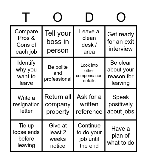 Leaving a Job - Should Do Bingo Card