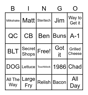 Five Guys Bingo Card