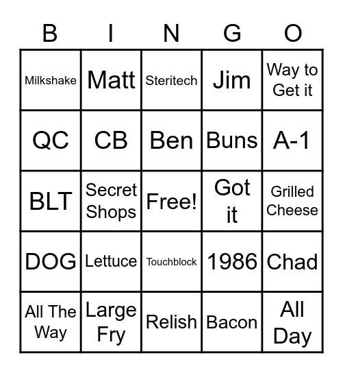 Five Guys Bingo Card