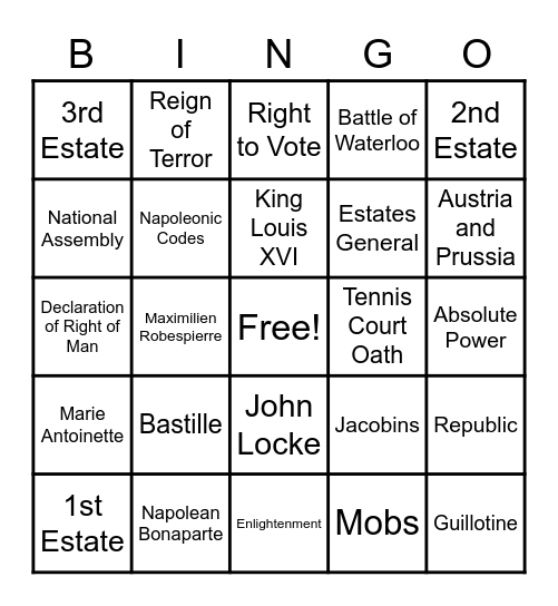 French Revolution Bingo Card