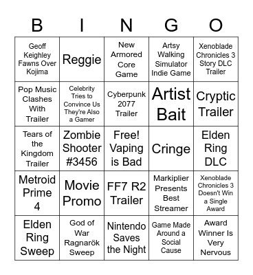 The Game Awards 2022 Bingo Card