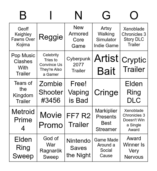 The Game Awards 2022 Bingo Card