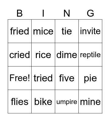 Long I Bingo Card