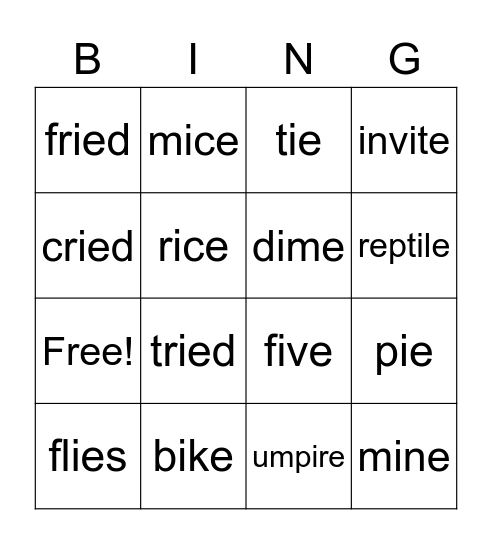 Long I Bingo Card