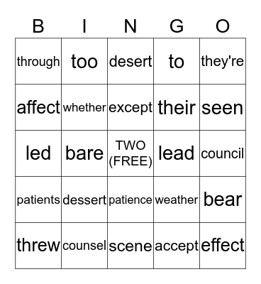 Commonly Confused Words Bingo Card