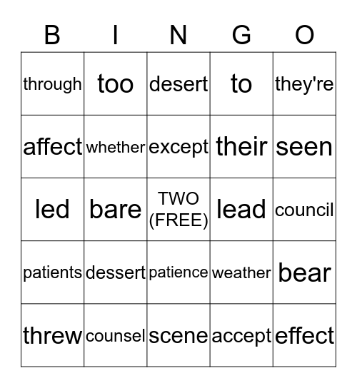 Commonly Confused Words Bingo Card