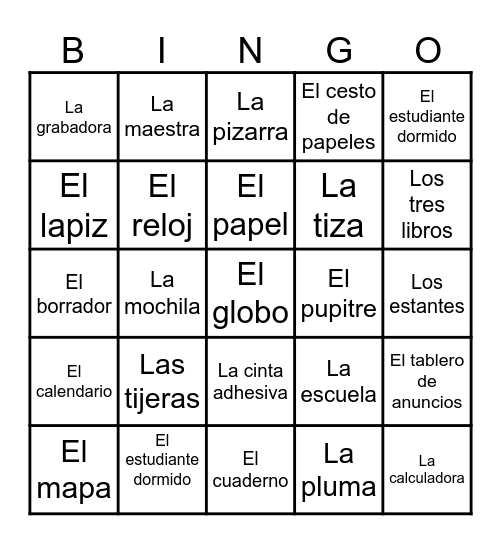 Spanish classroom objects Bingo Card