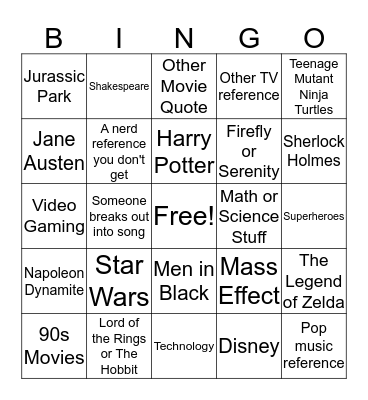 Tom and Kimi's Nerdy Reference Bingo Card