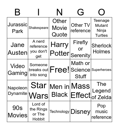 Tom and Kimi's Nerdy Reference Bingo Card