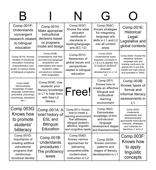 Bilingual Competencies Bingo Card