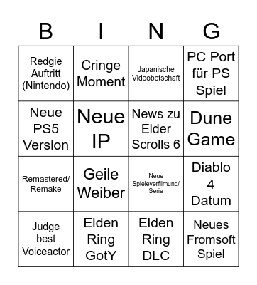 Game Awards Bingo Card