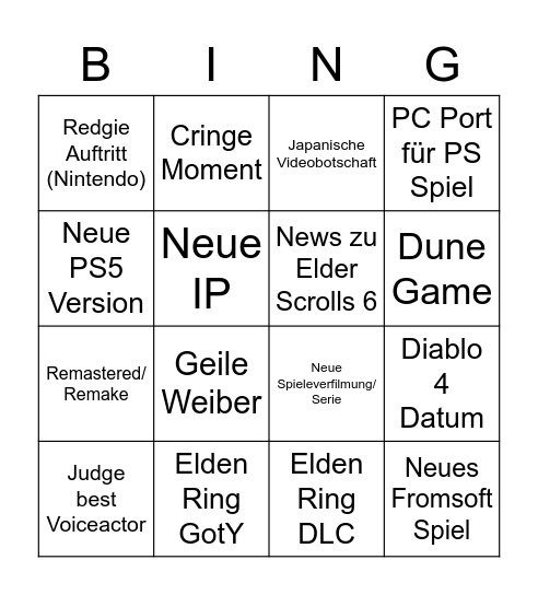 Game Awards Bingo Card