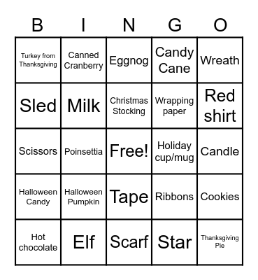 Holiday Scavenger Bingo Card