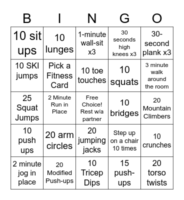 Physical Activity Bingo Card