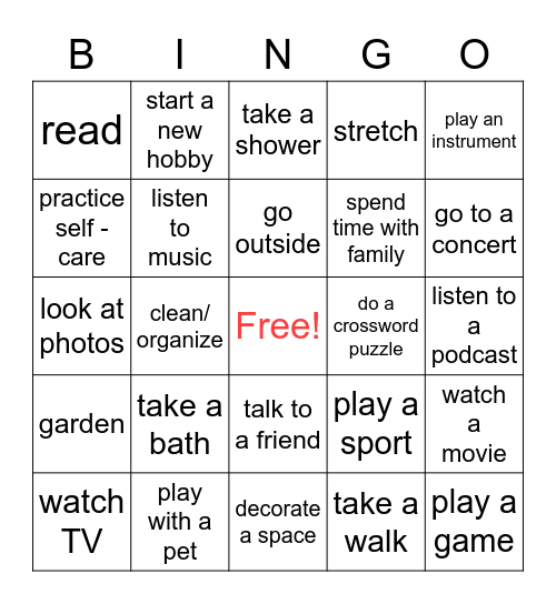 Coping Skills Bingo Card