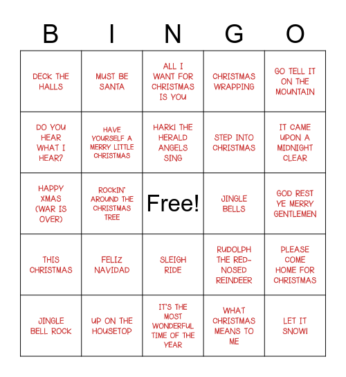 CHRISTMAS CAROLS AND SONGS Bingo Card