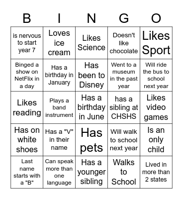 Middle School BINGO: Find someone who... Bingo Card