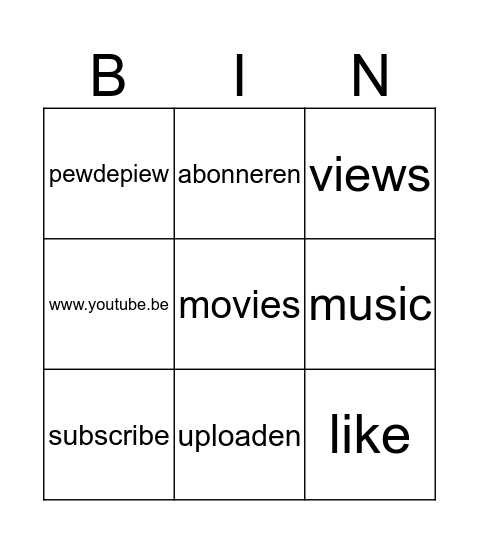youtube Bingo Card