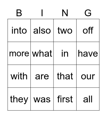 sight words Bingo Card