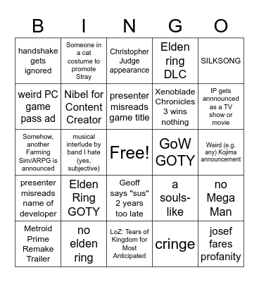 Game Awards bingo card Bingo Card