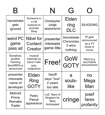 Game Awards bingo card Bingo Card