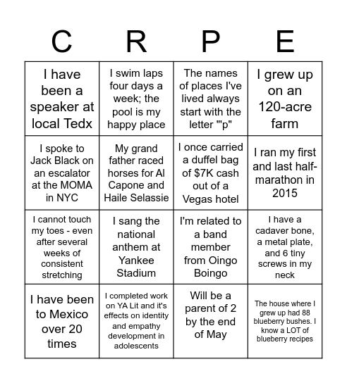 CRPE Bingo 1 Bingo Card