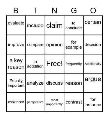Academic Language Bingo Card
