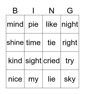Alternative /igh/ Bingo Card