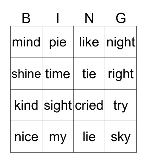Alternative /igh/ Bingo Card