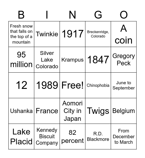 Dignity Memorial - All about Snow Bingo Card