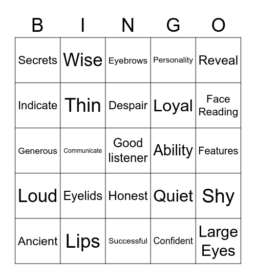 Our Body and Personality Bingo Card