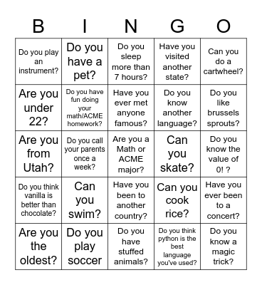 Math BINGO Card