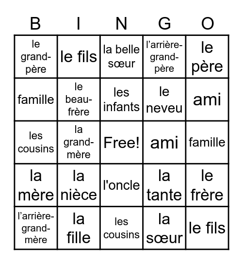 Francais Famille Bingo Card