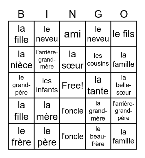 Francais Famille Bingo Card